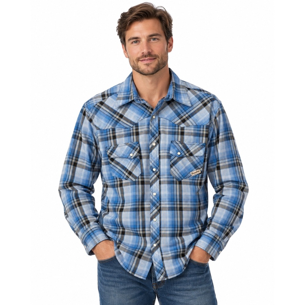 Wrancher by Wrangler Mens Blue Plaid Western Snap Shirt Large L Long Sleeve